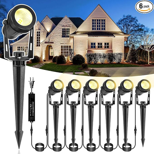 ALOVECO Low Voltage Landscape Lights, 6 Pack LED Spot Lights Outdoor with 30W Transformer IP65 Waterproof, Plug in Outdoor Landscape Lighting for Yard Garden Tree House Flag Pathway (Warm White 2700K) ALOVECO