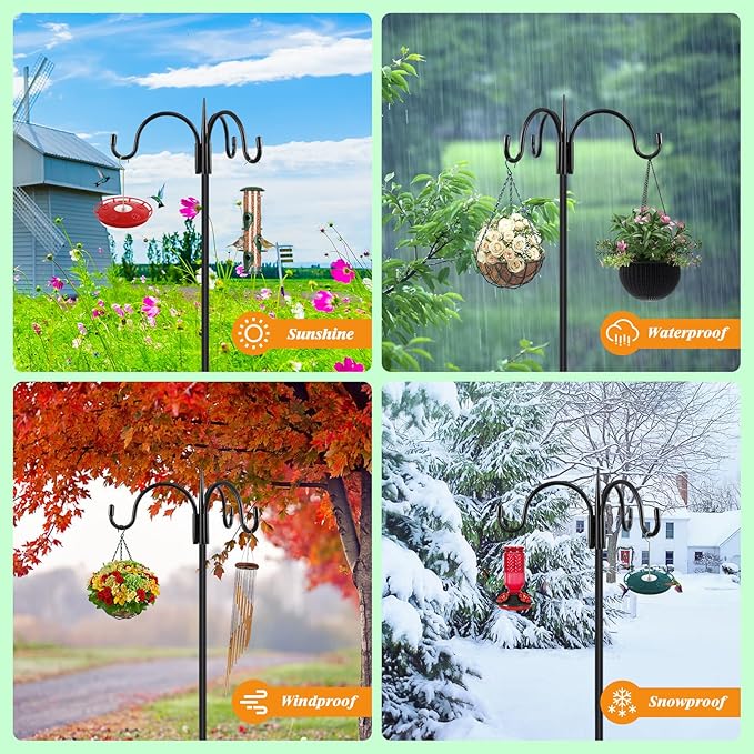 FEED GARDEN [Upgrade Version 76 Inch Three Shepherd Hooks for Outdoor,Bird Feeder Pole with 5 Prong Base, Adjustable Shepard Hooks for Hanging Plant, Solar Lanterns, Wind Chimes, 2 Pack FEEDGARDEN