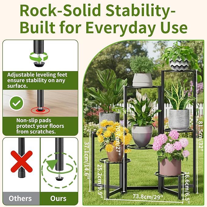 7 Tier Metal Patio Plant Stand Outdoor, Heavy Duty Flower Stands for Indoor Plants, Floding Tall Corner Shelf for Diaplay Racks for Home Decor, Graden, Balcony -BlackDiamond Rootora