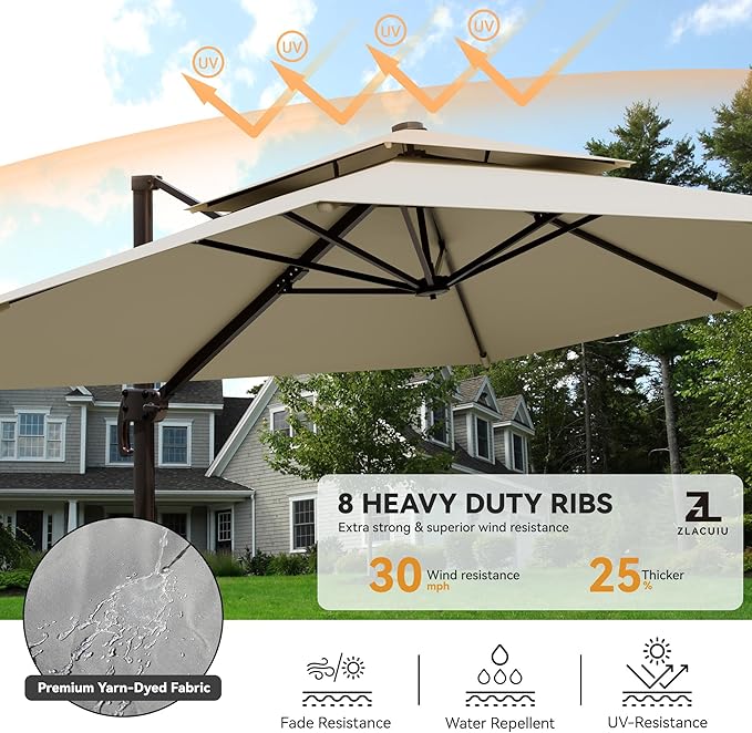 9x12FT Beige Cantilever Outdoor Patio Umbrella with Base, Large Rectangular Offset Design, Double Top Heavy Duty Aluminum Frame & 360° Rotation for Pool Garden Deck Backyard ZLACUIU