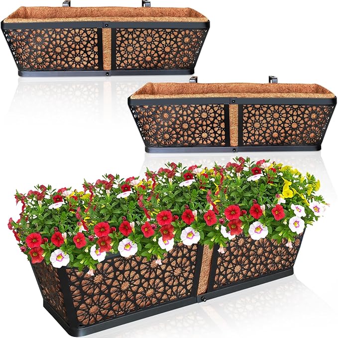 ZeeDix 3 Pack Metal Window Box for Railings, 24 Inch Over Railing Planter Boxes with Coco Liners, Hanging Flower Box Planters for Outdoor Fence Deck Porch Balcony & Patio ZeeDix