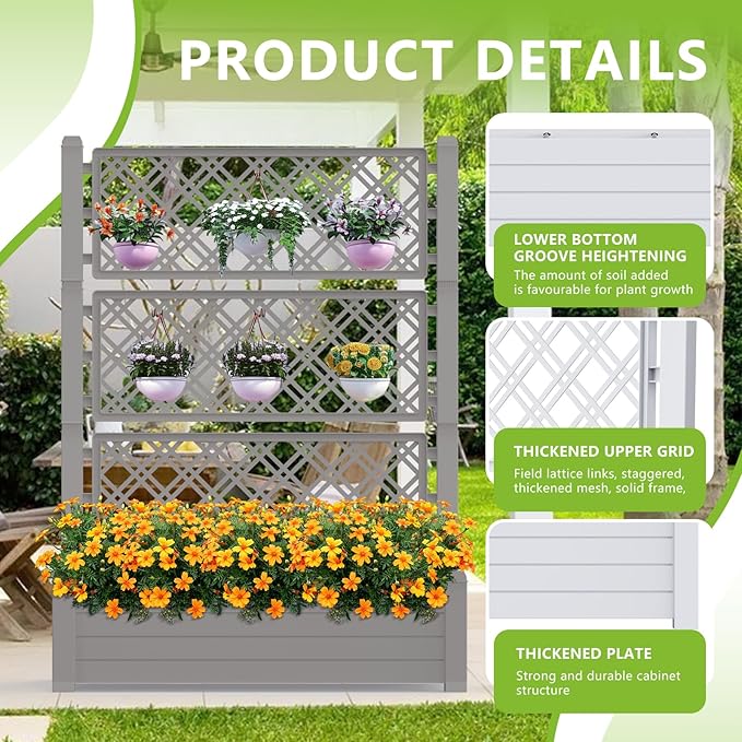 EasyUp Raised Garden Bed with Trellis for Climbing Plants, Raised Herb Garden Bed with Drainage Plug & Water Level Gauge, Durable Dust-Proof Resin Planter for Patio, Balcony, Backyard EASYUP