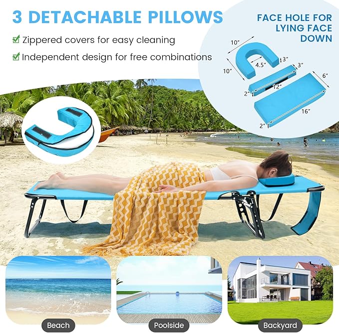 GYMAX Tanning Chair, 350lbs Beach Lounge Chair with Face Hole, Detachable Washable Pillow & Carry Strap, Adjustable Folding Chaise Lounge, Layout Chair for Outside, Patio, Poolside, Lawn (1, Arctic) GYMAX