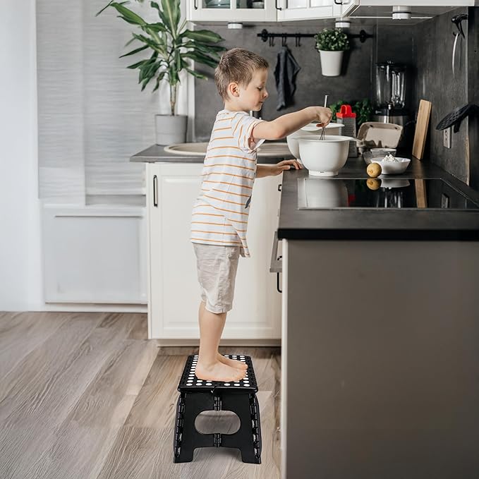 Delxo Folding Step Stool for Kids and Adults,15-Inch Extra Wide 9 Inch Height Heavy Duty Stepping Stool More Safe and Comfortable Non Slip Foldable Step Stool Black Delxo