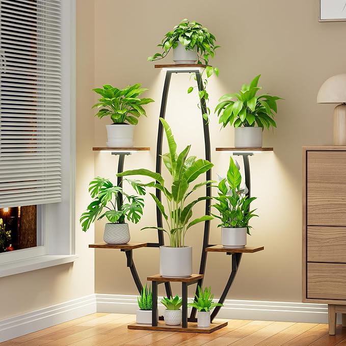 JUSTOGO Plant Stand Indoor with Grow Lights - 7 Tiered Large Plant Shelf Indoor, 47" Corner Plant Stands for Indoor Plants Multiple, Metal Plant Rack Flower Holder Display for Living Room, Home Decor JUSTOGO