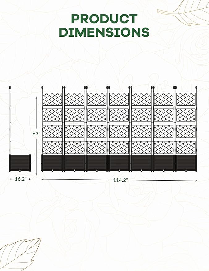 7 PCS Raised Garden Bed with Trellis & Privacy Screen, 116"w x 63"Tall Vertical Garden Planter Box for Climbing Plants - Sturdy Lightweight Outdoor Planter for Vegetables, Flowers on Patio, Balcony Rootora