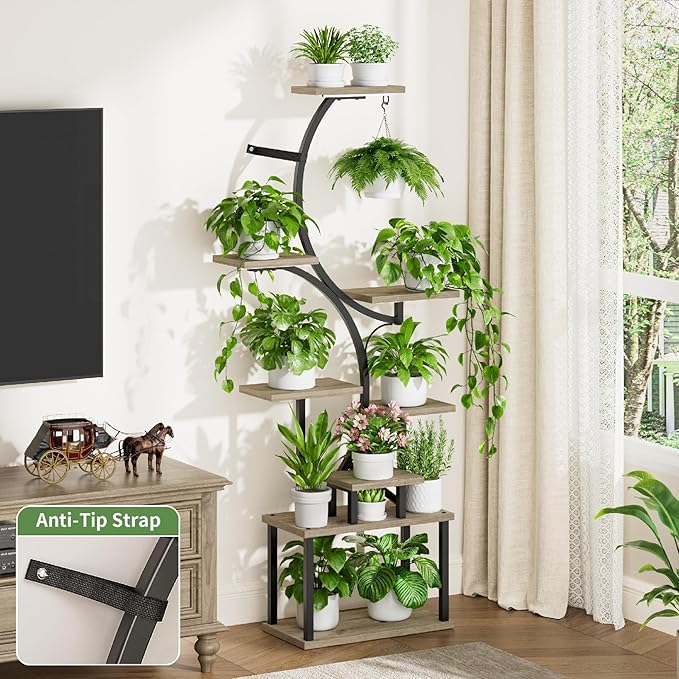 Plant Stand Indoor with Grow Lights - 62" Tall Plant Shelf, Lighted Corner Plant Stands for Indoor Growing, 8 Tiered Large Flower Holder, S-Shaped Decorative Rack for Living Room, Patent Design, Grey BACEKOLL