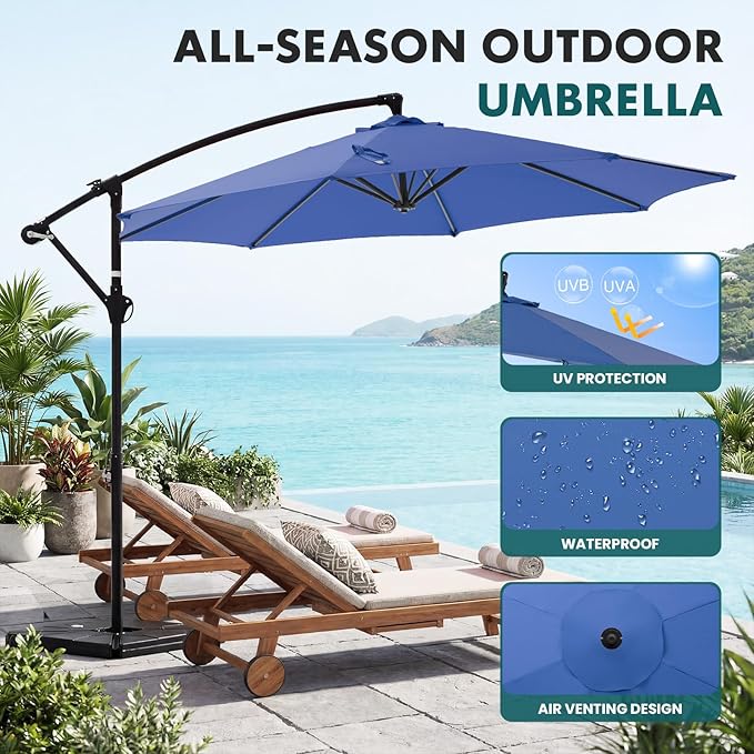 OLIXIS Offset Patio Umbrella, 9.7FT Cantilever Table Umbrellas for Outdoor Sun Shade UV Protection with Easy Tilt Adjustment, 8 Ribs for Backyard, Lawn, Garden, Pool - Blue OLIXIS