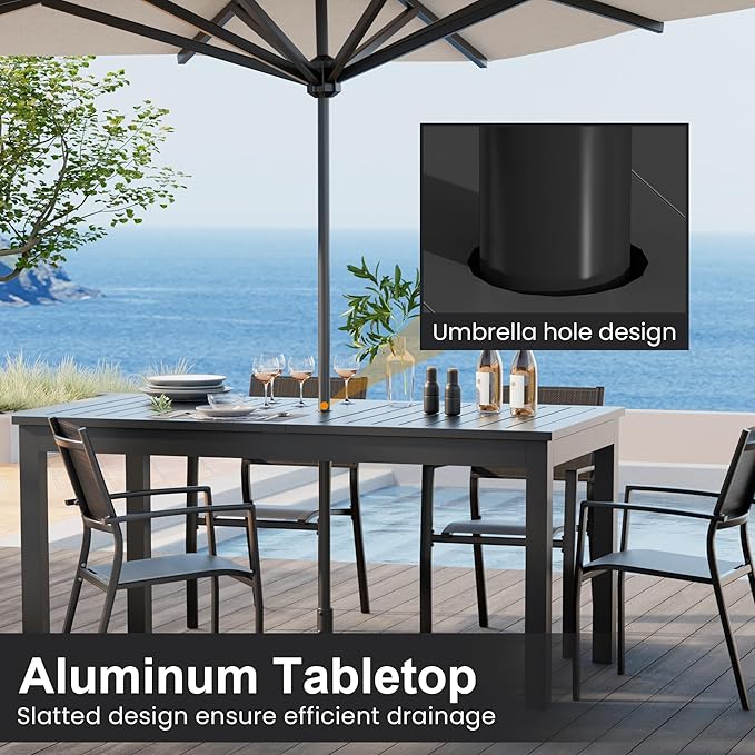 Expandable Aluminum Outdoor Dining Table, 3-Adjustable Lengths Patio Dining Table for 6-10 Person, 91.7" L x 33.5" W Metal Patio Table with Umbrella Hole Adjustable Feet for Garden Porch Deck, Grey Bringyoubetterlife