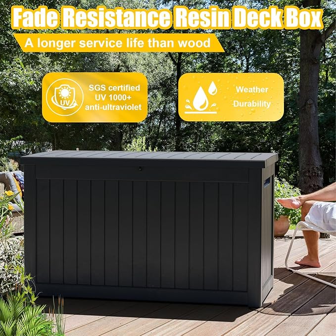 ROJIK Outdoor Storage Housing Deck Box,Waterproof Patio Furniture, Garden Tools,Cushions,Pool Accessories Storage Bench with Lockable Lid and Side Handles (Black,280 Gal) ROJIK