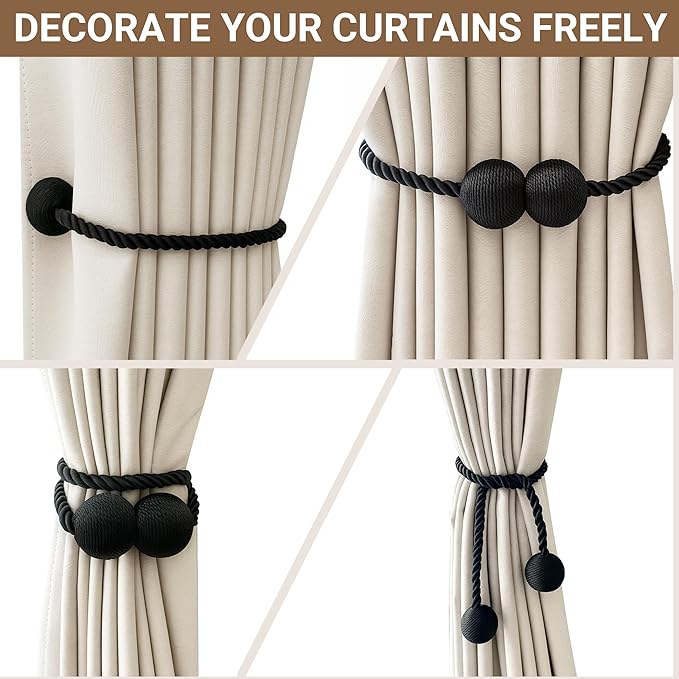 Hion Magnetic Curtain Tiebacks 4 Pack, Nickel-plated Metal and Polyester, Black Hion
