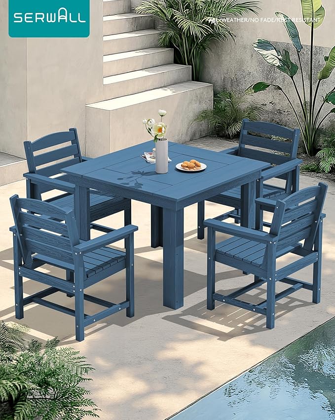 SERWALL Outdoor Dining Set for 4, HDPE Square Table and Chairs Set All Weather Patio Dining Set, 5-Piece Patio Dining Furniture for Deck, Blue SERWALL