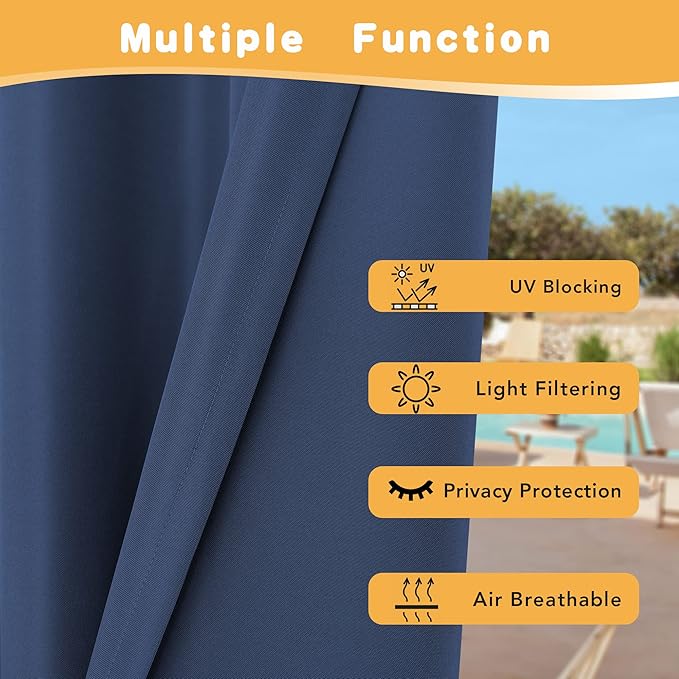 HolidayIdeas Extra Wide Outdoor Curtains for Patio Waterproof, 2 Panels - 110 x 84 Inch - Privacy & Light Filtering Curtains Grommet Outside Curtains for Porch, Gazebo, Pergola, Backyard (Navy) HolidayIdeas