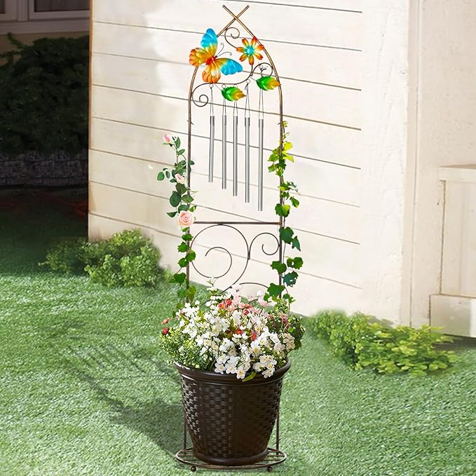 Plant Stands with Garden Trellis, 48” Metal Standing Wind Chimes Plant Pot Trellis with Butterfly for Garden Patio Backyard Climbing Plants Outdoor Decor LEWIS%26WAYNE
