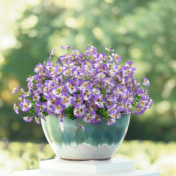 12 Bundles Artificial Pansy Flowers for Outdoor, Faux Silk Pansies Spring Flowers Outside for Planter Front Door Porch Patio Yard Window Box Home Decor (White Purple) Griine