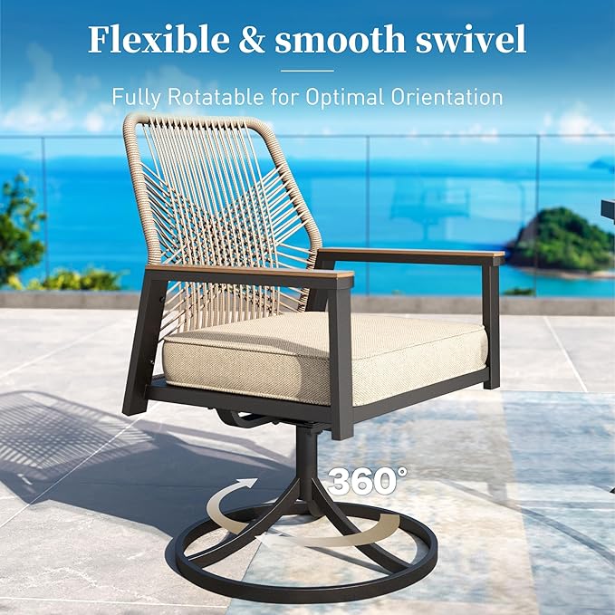 Patio Dining Set 7 Piece, 6 x Woven Rattan Swivel Chairs with Waterproof Cushion, 54” Metal Round Dining Table with Umbrella Hole, Outdoor Table and Chairs Set for Backyard Lawn and Deck,Beige SUNSHINEVALLEY