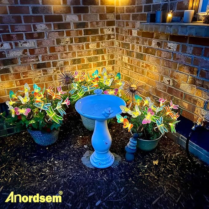 Anordsem Solar Garden Lights Outdoor: 8 Removable Fiber Optic Fabric Dragonflies 4 Pack - Waterproof Fun Animal Decoration for Yard Patio - Gardening Gifts for Garden Lovers Anordsem