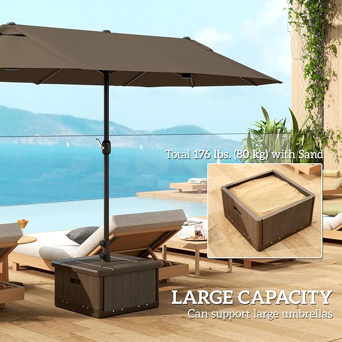 Outsunny 3-in-1 Outdoor Umbrella Base, Coffee End Table, Planter Box with Drain Hole, 175 lbs. Capacity Heavy Duty Fillable Patio Umbrella Stand Table with Wheels and Handles for Deck, Poolside, Brown Outsunny