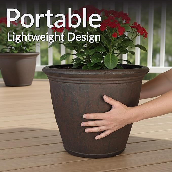 Sunnydaze 15.25-Inch Anjelica Large Plastic Pot for Plants - Outdoor Double-Walled Large Plastic Planter with Drillable Drainage Holes - Rust - 4pk SunnydazeDecor