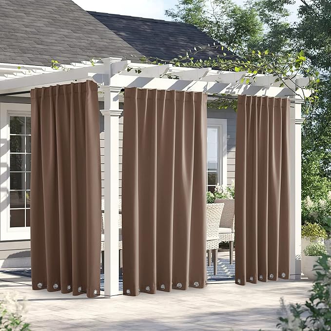 NICETOWN 2 Panels Outdoor Curtains for Patio Waterproof & Windproof, Thermal Insulated Top & Bottom Grommet & Back Tab Light Block Outdoor Drapes with Bouns Rope for Fixed, Tan, W66 x L90 NICETOWN