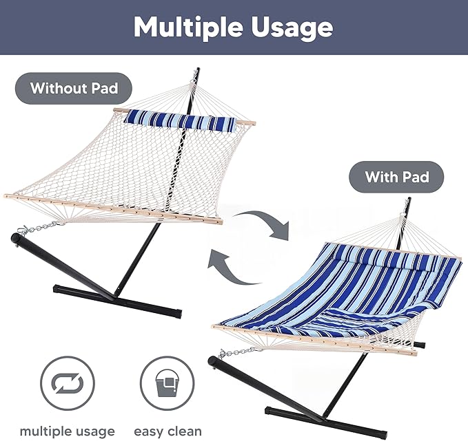 SUNCREAT Double Hammock with Stand, Two Person Cotton Rope Hammock, Blue Stripe SUNCREAT