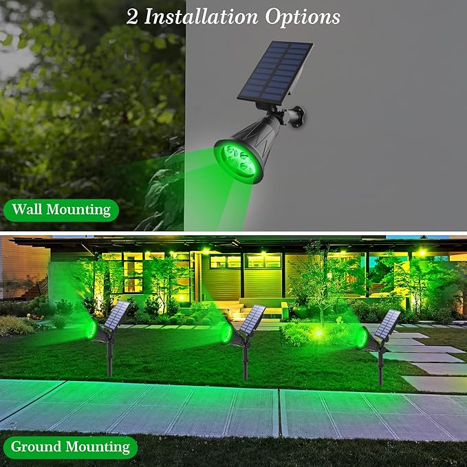T-SUN Green Solar Spotlights, IP65 Waterproof Outdoor 4 LED Solar Garden Lights, Auto ON/Off Adjustable Wall Lights, 180°Angle Adjustable for Tree,Patio,Yard,Driveway,Stairs,Pool Area (Green-4 Pack) T-SUN