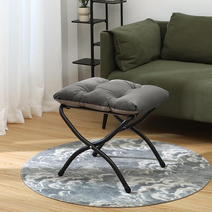 15"(H) Folding Ottoman, Foldable Footrest Stool, Portable Small Foot Stool for Couch, Collapsible Foot Rest Ottoman for Sofa, Accent Padded Ottomans for Living Room, Bedroom, Dark Grey MordchilHF