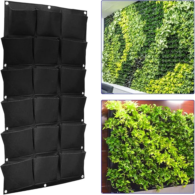 SOUJAP 2 Pack 18 Pockets Vertical Wall Garden Planter Plant Grow Bag, Hanging Felt Grow Bags Vertical Wall Garden for Indoor, Outdoor, Flower, Garden, Vegetable and Home Decoration (Black) Rootora