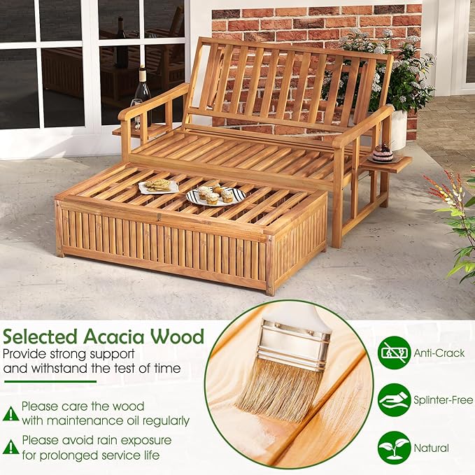 Tangkula Outdoor Acacia Wood Daybed with Storage Ottoman, Wood Patio Loveseat Sofa with 4-Level Backrest & Removable Cushions, 2 Folding Side Tables, Patio Recliner Lounger for Poolside, Backyard TANGKULA