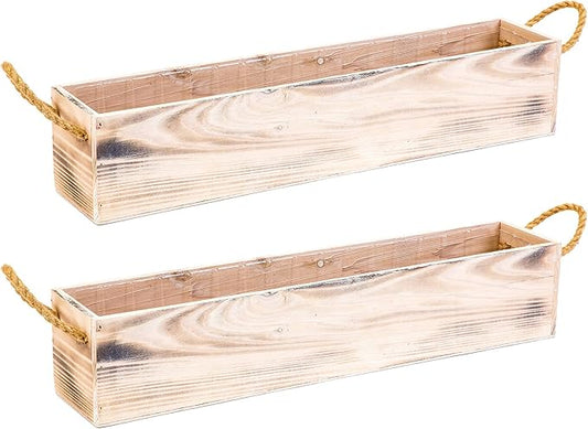 20" Rectangular Rustic Wood Planter with Handle and Plastic Liner l Rustic Whitewash l Country Style, Home and Wedding Decorations, Garden Ornaments (20x4 w Handle Set of 2, Whitewash) Rootora