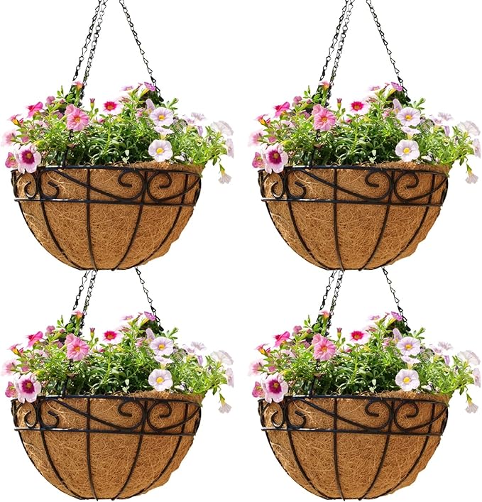 10 inch Metal Hanging Baskets For Plants Outdoor 4 Pack Round Metal Wire Hanging Basket Planter with Coco Fiber Liners Chain Round Wire Plant Holder for Garden, Patio, Deck, Porch Plants Flower Potsss JFFLYIT