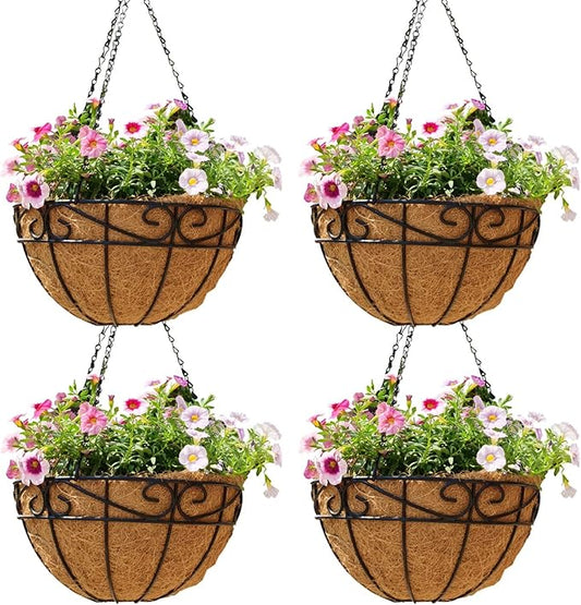 10 inch Metal Hanging Baskets For Plants Outdoor 4 Pack Round Metal Wire Hanging Basket Planter with Coco Fiber Liners Chain Round Wire Plant Holder for Garden, Patio, Deck, Porch Plants Flower Potsss JFFLYIT