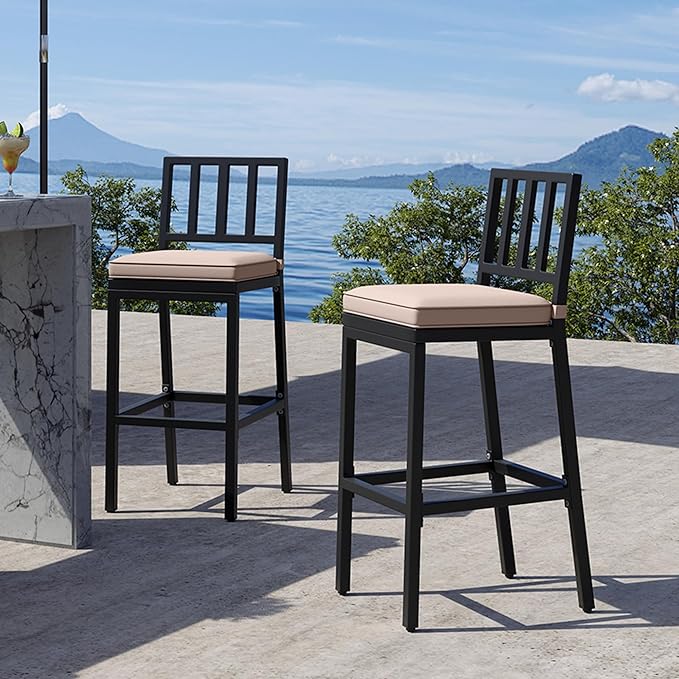 YITAHOME Outdoor Bar Stools Set of 2, Cushioned Metal Outdoor Bar Stools w/Vertical Stripe Back, All-Weather Patio Bar Stools for Balcony Backyard Porch Poolside YITAHOME