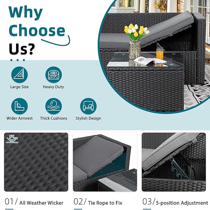 3-Piece Outdoor Patio Sectional Sofa Set with Glass Coffee Table & Ottoman — All-Weather PE Rattan Conversation Furniture, Black Rattan & Grey Cushions, Perfect for Garden, Backyard, Deck, Grey SUNLEI
