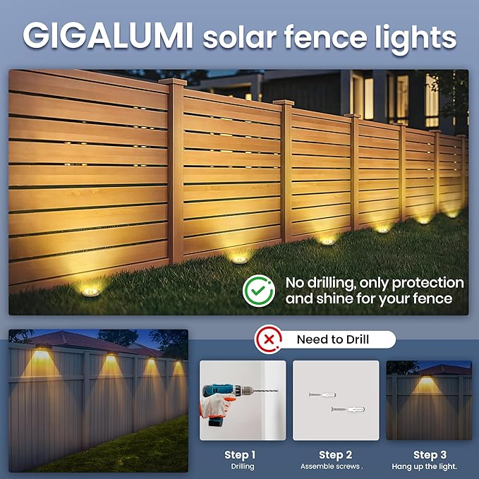 GIGALUMI Solar Ground Lights - No-Drill Fence Lighting Solution, Waterproof Perimeter Lights Compatible with Wood, Metal & Concrete Fences (12 Pack Warm White) GIGALUMI