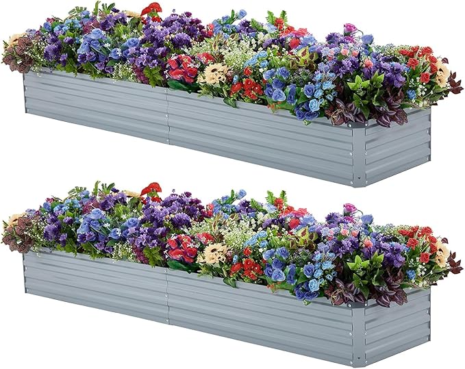 2 Pack 8x2x1FT Galvanized Raised Garden Beds Kit Outdoor Metal Gardening Planter Box for Vegetable Elevated Flower Herbs,Gray Meberam