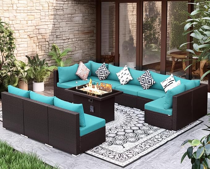 NICESOUL Modern Outdoor Couches with Firepit Table Propane/Natural Gas, 29.3'' High Back Comfy Conversation Set with Fireplace, 10 Seater Large Wide Patio Furniture Set, Brown Rattan and Teal Cushion NICESOUL