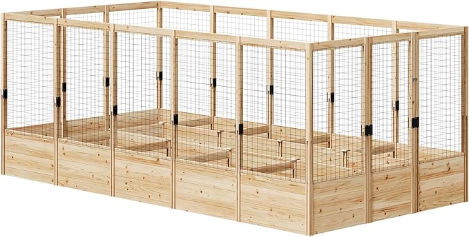 AMERLIFE U-Shaped Raised Garden Bed with Deer Proof Fence, 7.5Wx15Dx6H Outdoor Wooden Raised Garden Bed Planter with 19" Depth Planter Box AMERLIFE