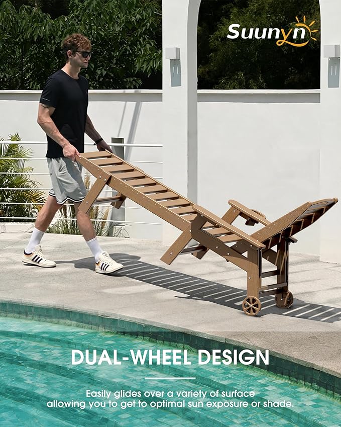 Lounge Chair Outdoor Set of 2, HDPE Chaise Lounge Outdoor, Pool Lounge Chair for Pool Poolside Deck Backyard Patio, Teak Suunyn