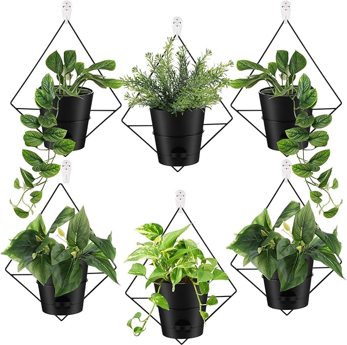 Baderke 6 Sets Wall Planters for Indoor Plants Hanging Wall Planter with Metal Holder Geometric Self Watering Wall Pots Mounted Succulent Pots, 5" Black Plant Container Baderke