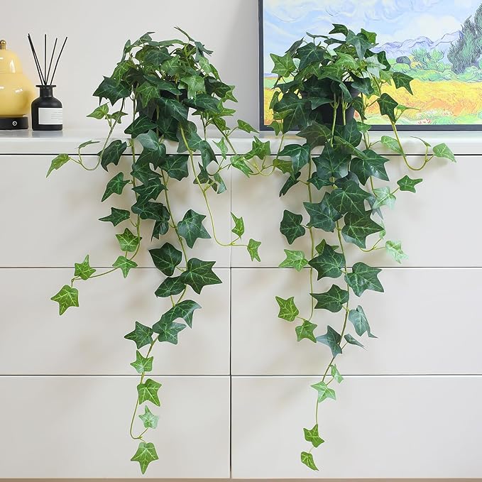 Fake English Ivy Plants in Pots Set of 2 – Realistic Artificial Ivy Greenery for Home Decor, Tabletop, Office, Shelf, Balcony or Bathroom – Lifelike Faux Hanging Vines, No Maintenance Required ALYPTUS