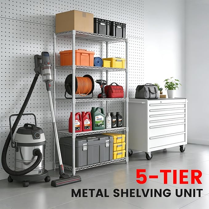 Xcity Storage Shelves, 5 Tier Heavy Duty Metal Shelving Unit, 2000 LBS Capacity Adjustable Steel Wire Shelf Organizer for Pantry, Kitchen, Garage, 14" D x 30" W x 60" H, Chrome Rootora