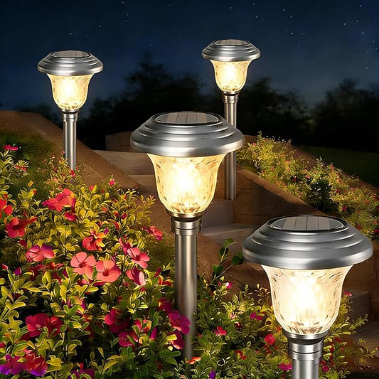 BEAU JARDIN 8 Pack Solar Pathway Lights White+ Color Changing Stainless Steel 3 Mode Outdoor Multicolor Metal Solar Powered Waterproof Glass for Garden Landscape Path Yard Walkway Driveway Silver BEAU+JARDIN