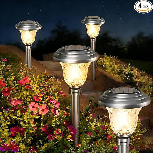 Beau Jardin 4 Pack Solar Pathway Lights White+ Color Changing Stainless Steel 3 Mode Outdoor Multicolor Metal Solar Powered Waterproof Glass for Garden Landscape Path Yard Walkway Driveway Silver BEAU+JARDIN