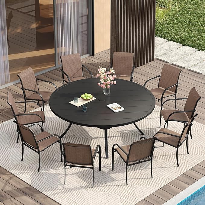 VICLLAX Large Patio Dining Furniture Set, Outdoor Dining Set for 10-60" Round Outdoor Table and Patio Stackable Chairs, Black Tabletop and Brown Fabric HOME
