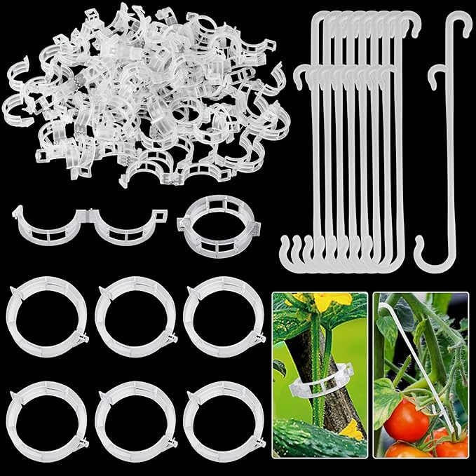 250 Pcs Tomato Clips, Plant Support Clips and J Tomato Hooks, Plastic Trellis Clip Vegetable Cages Vine Garden Clip for Tomatoes Cucumber Grape Melon, Makes Plants Grow Upright or Prevent Falling Off Unves