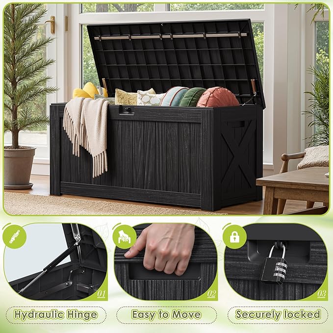 Devoko 125 Gallon Outdoor Storage Box, Waterproof Resin Deck Box for Patio Furniture, Lockable Container for Garden Cushions & Pool Supplies (Black, 125 Gallon) DEVOKO