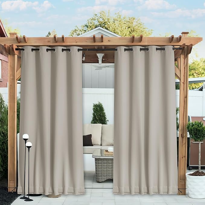 NICETOWN Outdoor Curtains for Patio Waterproof 108 inches Long 2 Panels, Windproof Thermal Insulated Top & Bottom Grommet/Back Tab Privacy Drapes with Rope for Gazebo, Natural, W52 x L108 NICETOWN