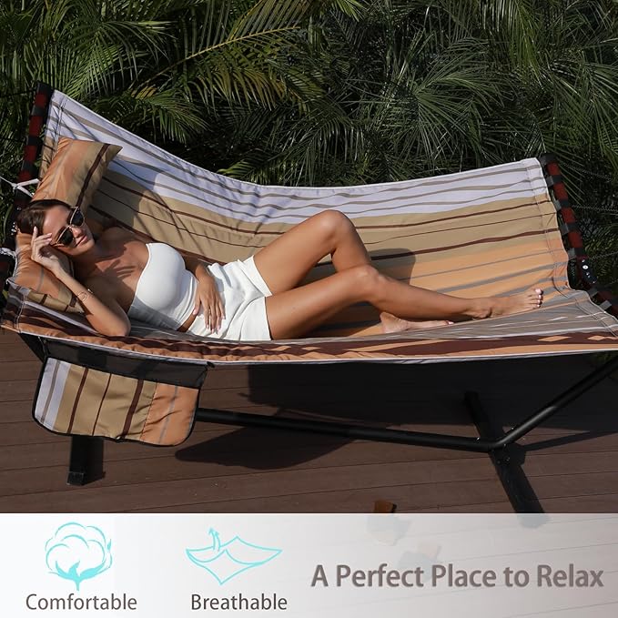 TegerDeger 12FT 2 Person Hammock Large Hammock 450LB Capacity with V Shaped Hardwood Spreader Bar & Nylon Rope for Outside, Patio, Garden, Backyard, Beach, Poolside - Fall Yellow Stripes Tegerdeger