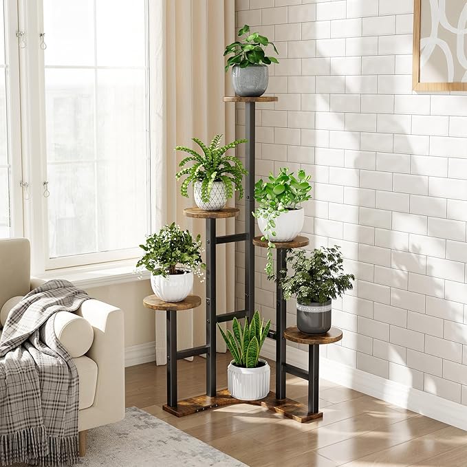 Corner Plant Stand Indoor, 6 Tiered Corner Plant Shelf Flower Stand for Multiple Plants, Plant Shelves Organizer Rack for Living Room, Balcony, Patio, Garden, Round Rustic Brown Yzosvki